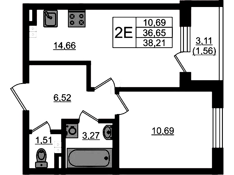 1-комнатная квартира 38.21 м², 3/4 эт., ЖК «Новая история»